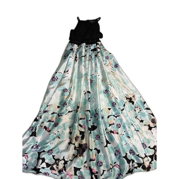 Betsy & Adam Black Floral Maxi Dress 4 • Formal Evening Gown Mesh Waist USA - Picture 4 of 7